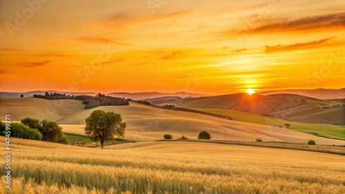 Serene Sunset Over Rolling Hills and Golden Fields at Dusk - Breathtaking Landscape Photography