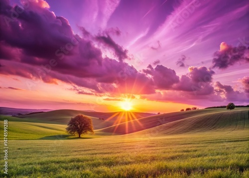 Serene Sunset Over Rolling Hills and Golden Meadow Landscape Photography