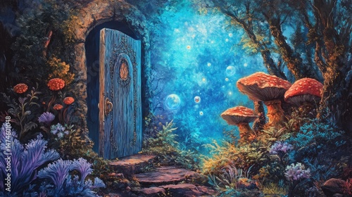 an image of the entrance to a forest with mushrooms and a door leading to a, magic doorway, magical portal gateway