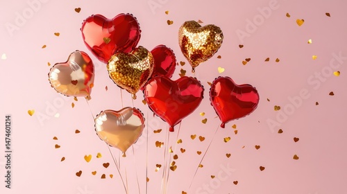 A festive arrangement of red and gold heart-shaped balloons with ribbons