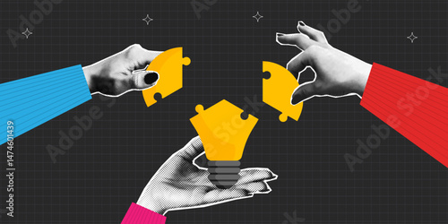 Halftone hands holding and connect puzzle pieces into light bulb. Collage banner with light bulb made of jigsaw puzzles. Concept of idea and teamwork, cooperation and partnership. Vector.