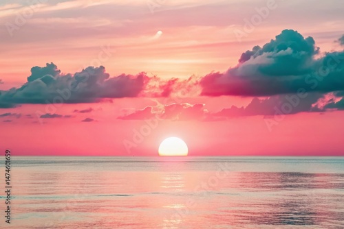 Silhouetted Seascape: Orange Sunset over Blue Ocean with Dramatic Clouds