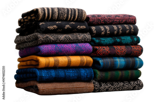 Colorful stacked sweaters with unique designs on clear bg