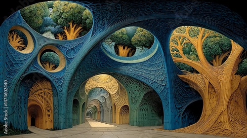 A pathway with many arches made of a textured material. Through openings can be seen trees.