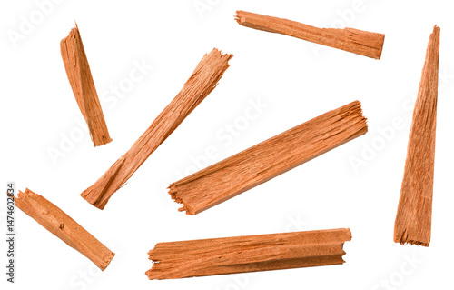 Red sandalwood sticks isolated on white background, top view.