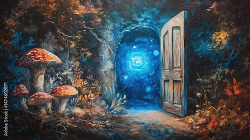 an image of the entrance to a forest with mushrooms and a door leading to a, magic doorway, magical portal gateway