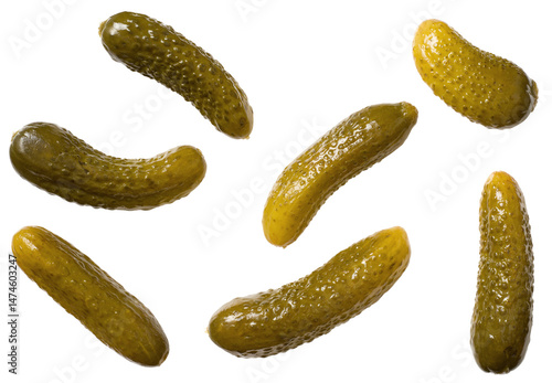 Whole pickles (pickled cucumbers) isolated on white background, top view.