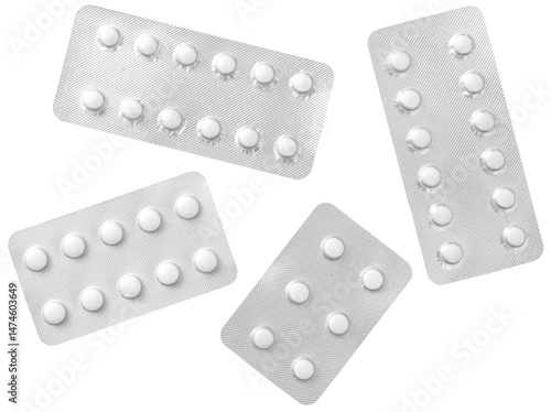 White pills in the plastic blister, isolated on white background, top view.
