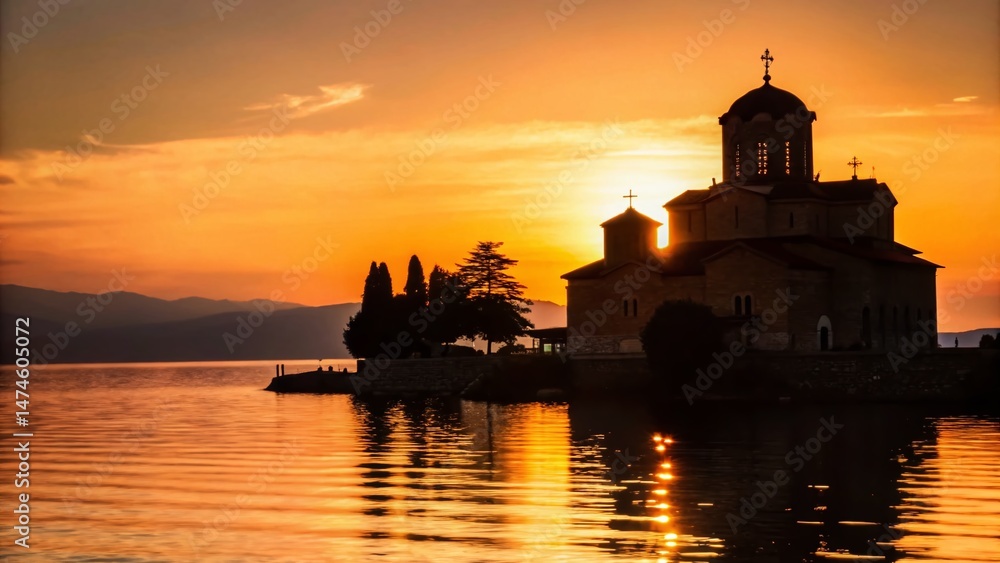 Obraz premium Silhouette of St. Naum Monastery at Sunset, Lake Ohrid, Macedonia
