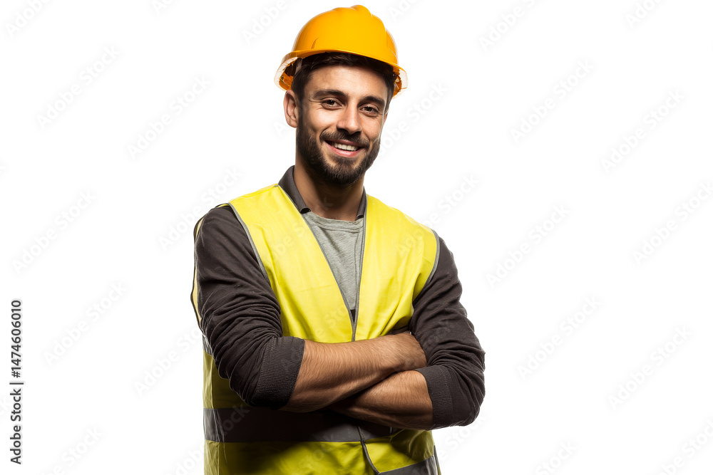 Construction worker smiling in safety gear on a transparent background Construction worker smiling in safety gear on a transparent background