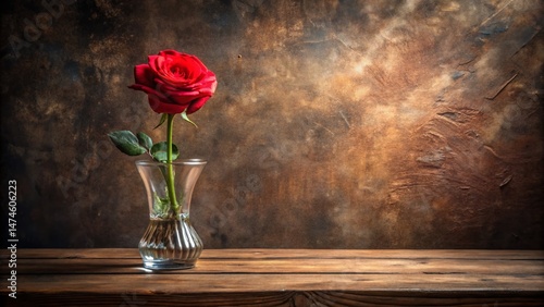 Single Red Rose in Crystal Vase on Wooden Table - Long Exposure Photography