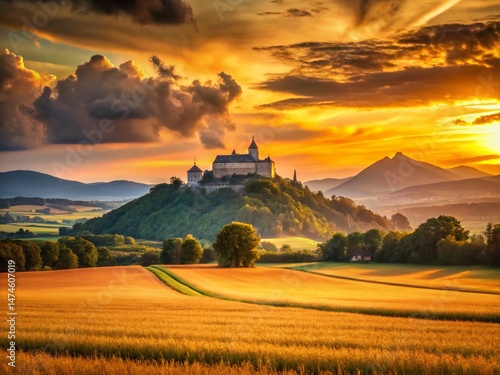 Slovak Rural Sunset Landscape: Orechove Castle Wallpaper