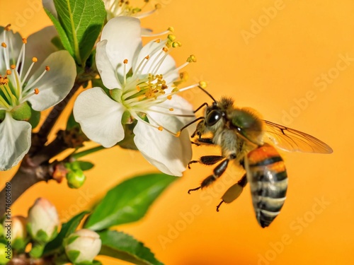 Soft Focus Bee Pollinating Cherry Blossom Aerial View