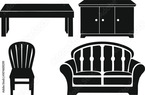 A vector set of black and white furniture icons, including sofa, chair, table, silhouettes for home interior design