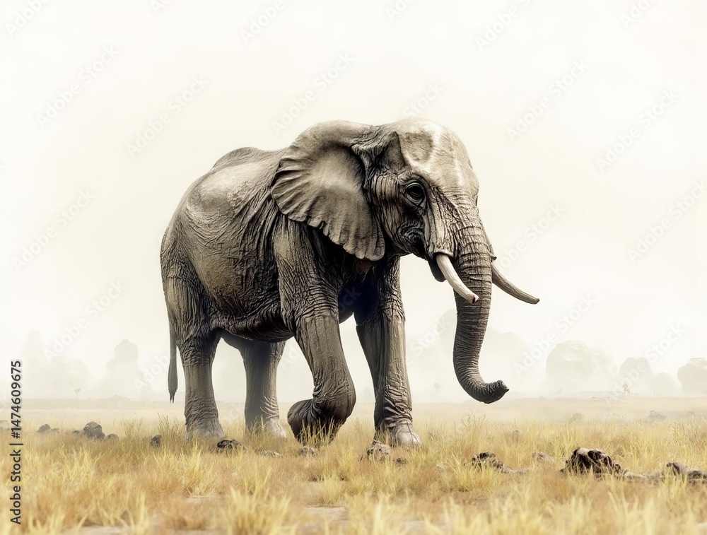 Fototapeta premium A powerful African elephant walks across a dusty, misty savannah, a striking portrayal of African wildlife and the serene, yet raw beauty of its natural habitat in a realistic, atmospheric style