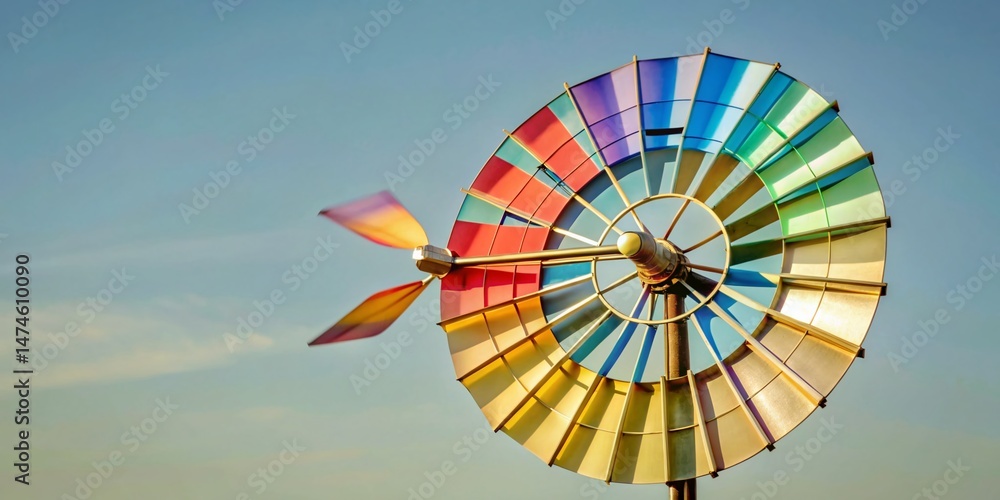 Obraz premium Spinning Metallic Windmill Under Summer Blue Sky - Low Angle View