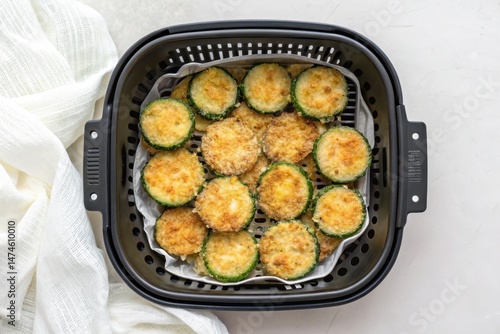 Crispy Baked Zucchini Chips in Air Fryer Basket on Marble Surface
