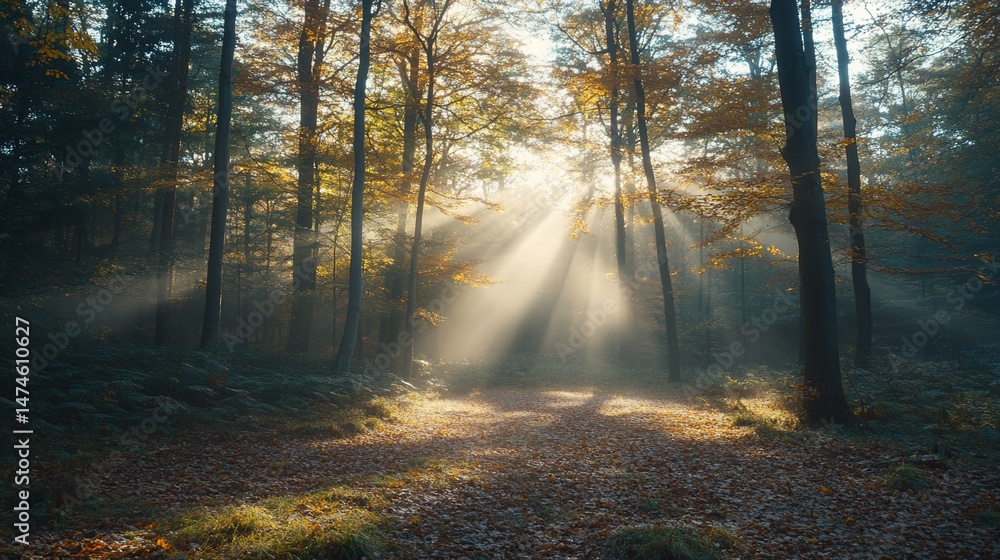 Naklejka premium Sunlight streams through autumn forest