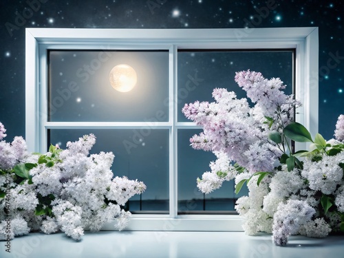 Spring Night Lilac Bloom Under Window, Clear Night Sky