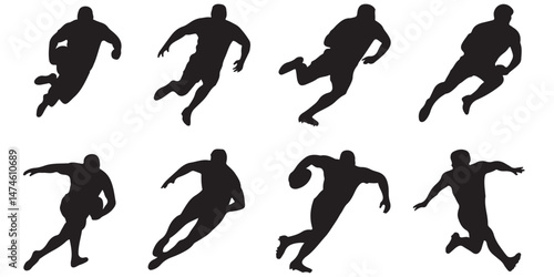 Rugby Player Silhouettes Action Poses, Rugby Players Silhouettes Running Action Poses, set