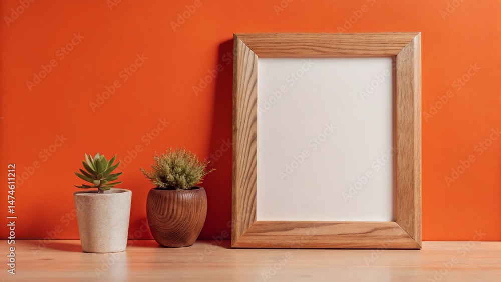 Standing Frame Mockup: Empty Wooden Frame Against White Wall with Copy Space Standing Frame Mockup: Empty Wooden Frame Against White Wall with Copy Space