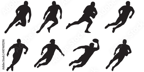 Rugby Player Silhouettes Action Poses, Rugby Players Silhouettes Running Action Poses, set