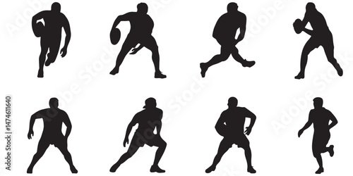 Rugby Player Silhouettes Action Poses, Rugby Players Silhouettes Running Action Poses, set