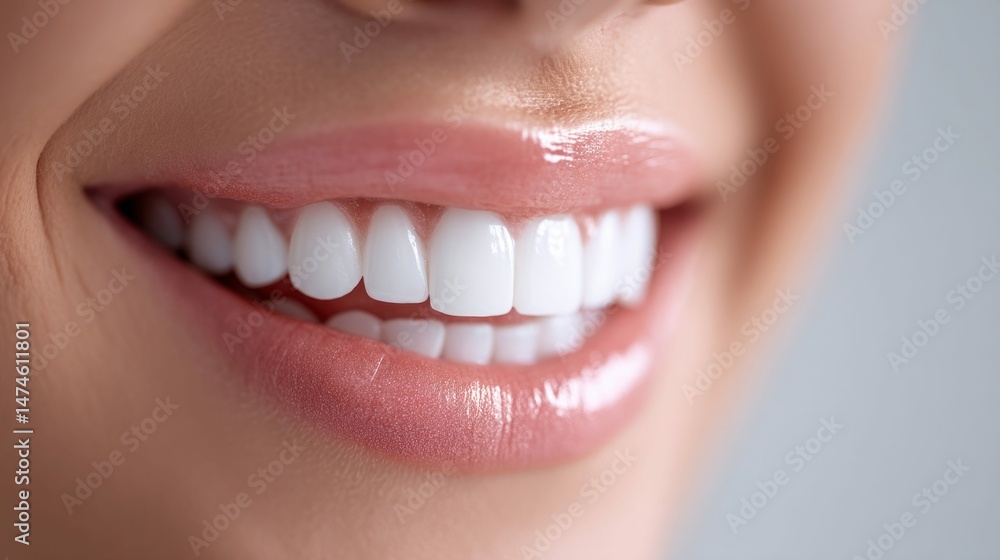 Fototapeta premium Close-up of a beautiful, radiant smile with perfect, white teeth and pink lips.