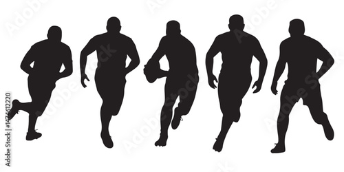 Rugby Player Silhouettes Action Poses, Rugby Players Silhouettes Running Action Poses, set