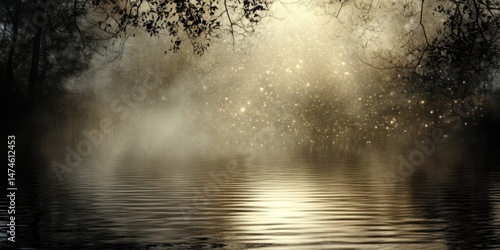 Misty Water Scene With Sunlight And Particles Reflected On Rippling Lake Surface