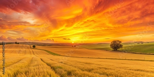 Stunning Panoramic Landscape: Serene Sunset Over Rolling Hills and Lush Green Fields
