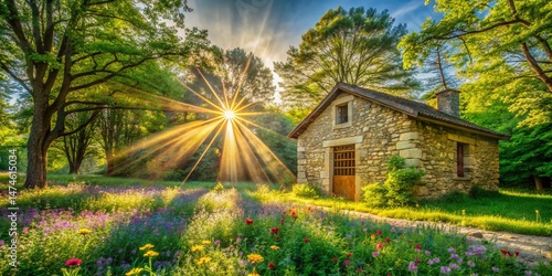 Sunbeams Dappled Through Forest Canopy Wildflowers Springtime Architectural Photography