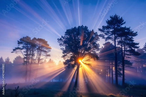 Sunbeams Illuminate Misty Dawn Forest - Long Exposure Photography