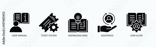 Support Toolkit Icon Set Isolated Vector With Icon Of Knowledge Base, User Manual, Ticket System, Assistance, User Guide In Glyph Style