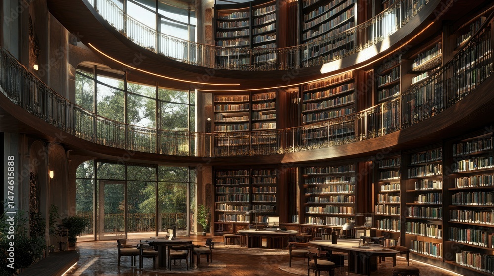 Fototapeta premium Library with grand interior design, circular balcony, towering book walls, and study tables placed in open areas