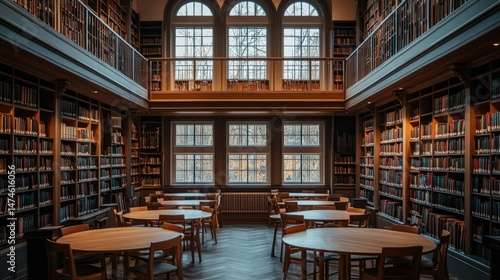 Wallpaper Mural Majestic library with elegant curves in architecture, rows of tall bookcases, and empty tables set for study Torontodigital.ca