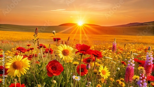Sunny Meadow Landscape: Golden Hour Light & Wildflowers