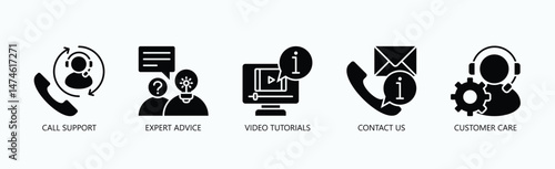 Ultimate Support Hub Icon Set Isolated Vector With Icon Of Video Tutorials, Customer Care, Contact Us, Expert Advice, Call Support In Glyph Style