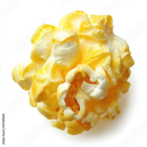 Closeup shot of crunchy popcorn on white background, single popped corn kernel on white, Single popcorn close-up on clean background, Popcorn isolated on white, Single popcorn snack isolated on white