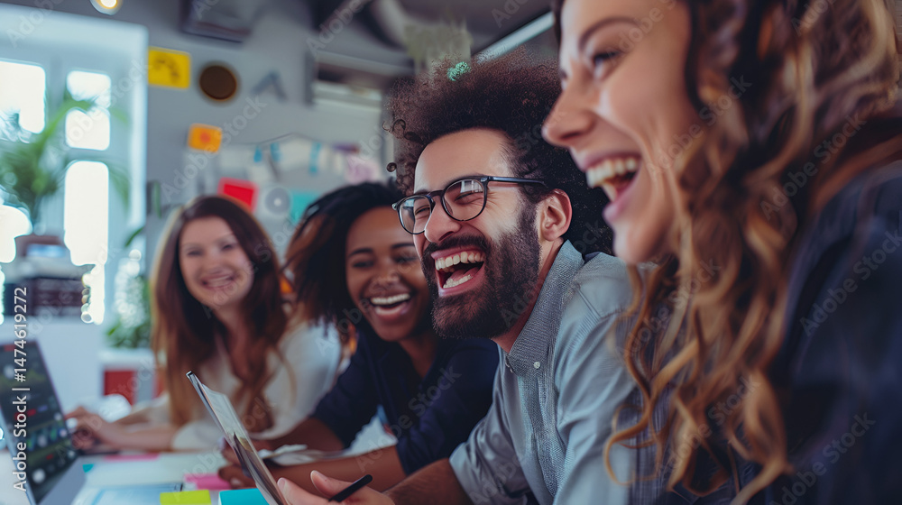 Obraz premium Group of diverse young professionals laughing together during a meeting in a modern office space
