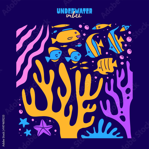 Underwater reef featuring corals and starfish in marine background. This colorful ocean life vector pattern design includes aquatic elements in a vibrant underwater world.