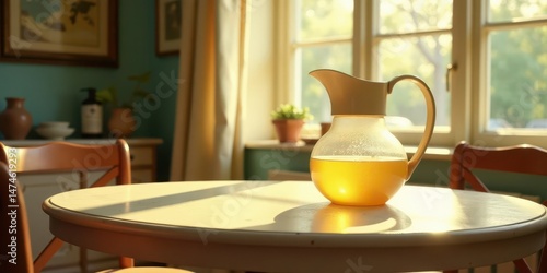 Wallpaper Mural Golden Sunlight Illuminates a Pitcher of Refreshing Beverage on a Light Wooden Table in a Calm and Serene Room Torontodigital.ca