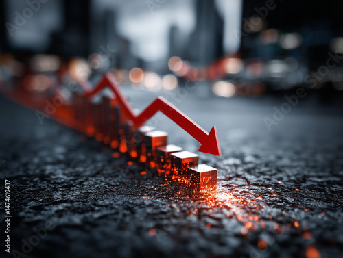 Imagem com setas vermelhas apontando para baixo em um gráfico, simbolizando queda no mercado, retração econômica ou desempenho negativo em indicadores financeiros e estatísticos