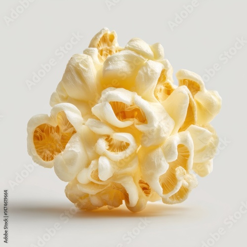 Closeup shot of one cooked single popcorn on white background, Close-up of a single popped popcorn kernel, A close up of a popcorn kernel on white, A white and yellow popcorn kernel, easy to cutout