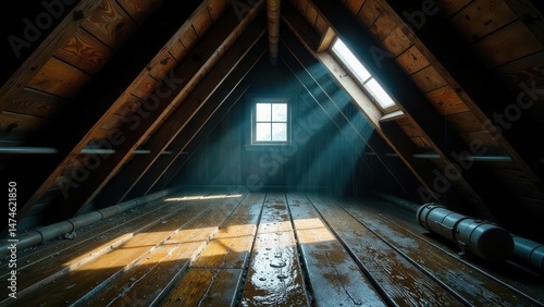 Sunbeams Illuminate a Dusty Attic's Wooden Floor, Revealing Aged Beams and a Leaky Roof