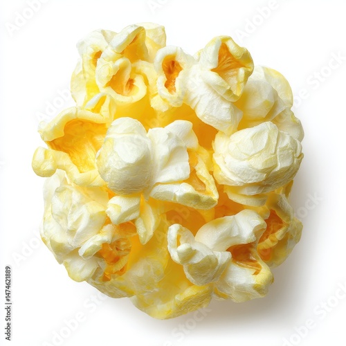 Closeup shot of one cooked single popcorn on white background, Close-up of a single popped popcorn kernel, A close up of a popcorn kernel on white, A white and yellow popcorn kernel, easy to cutout