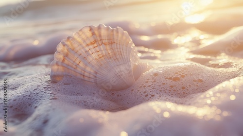 Close-Up Elegant Seashell on Sandy Beach with Foam and Soft Sunlight