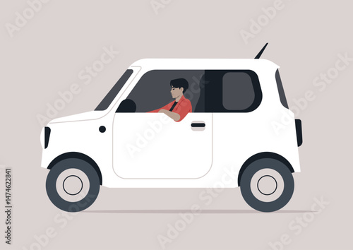 A skilled kei car driver navigates the urban environment, embodying the essence of Japanese automotive culture with style and grace in a vibrant  compact car