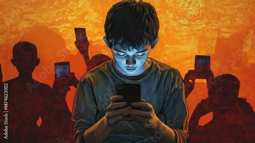 Cellphone addict, teenager excess of social media, children mobile phone screen dependency.