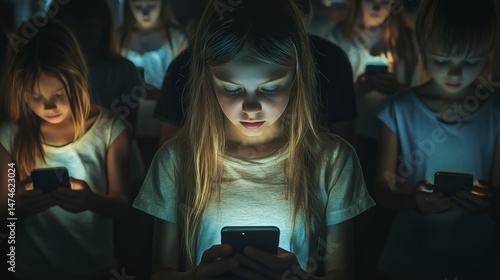 Cellphone addict, teenager excess of social media, children mobile phone screen dependency.